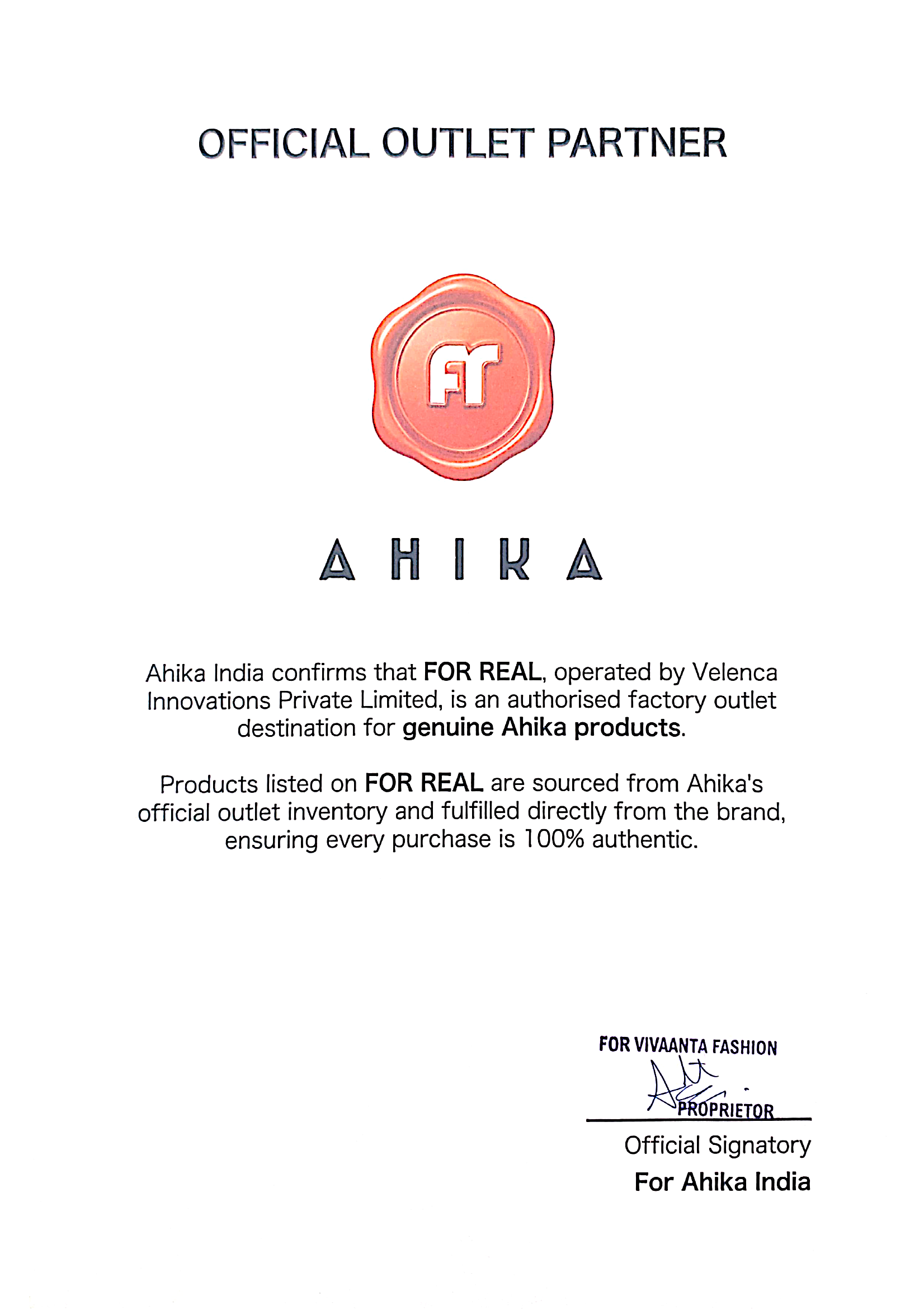 Authenticity Certificate for Ahika