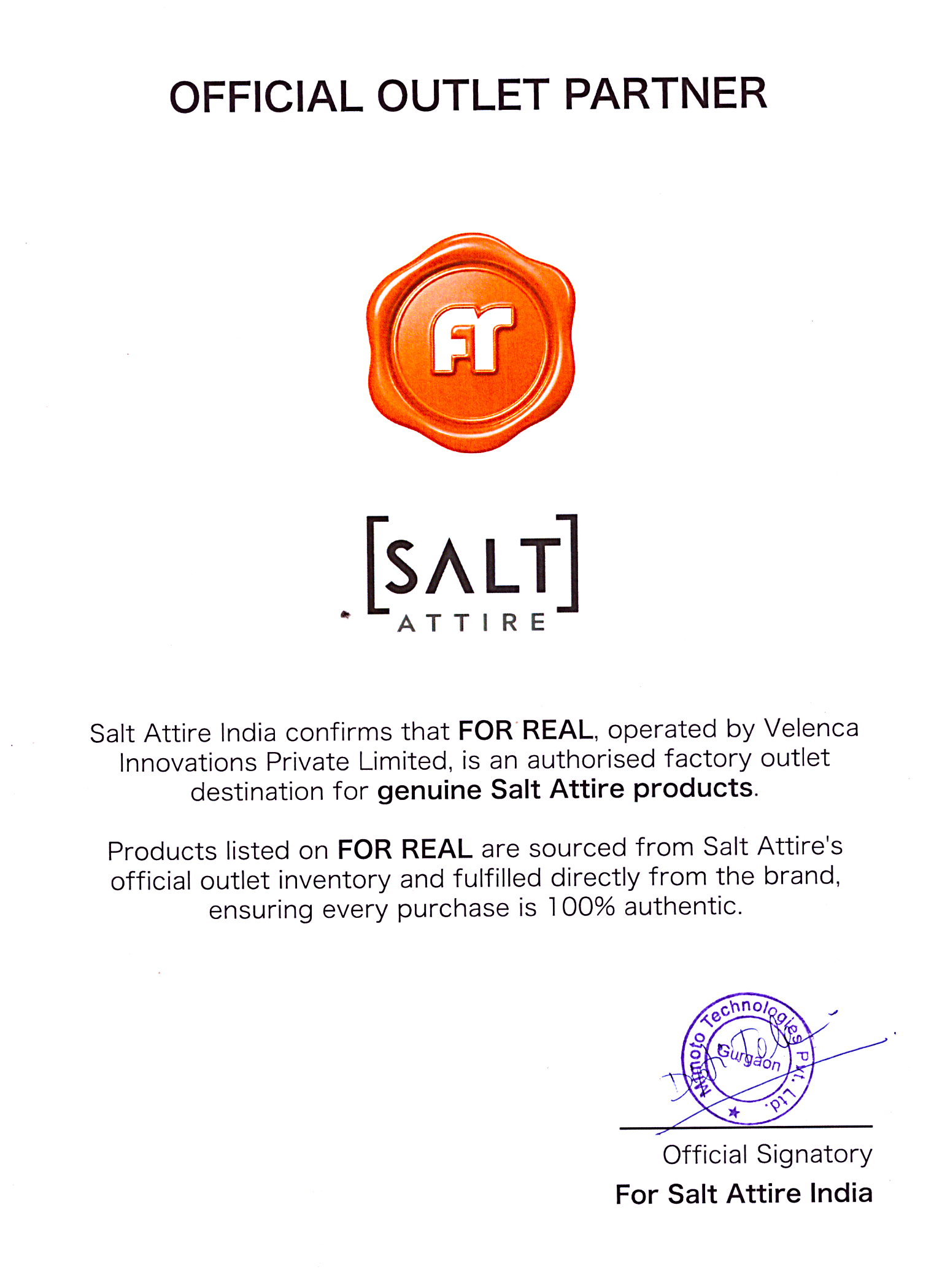 Authenticity Certificate for SALT ATTIRE