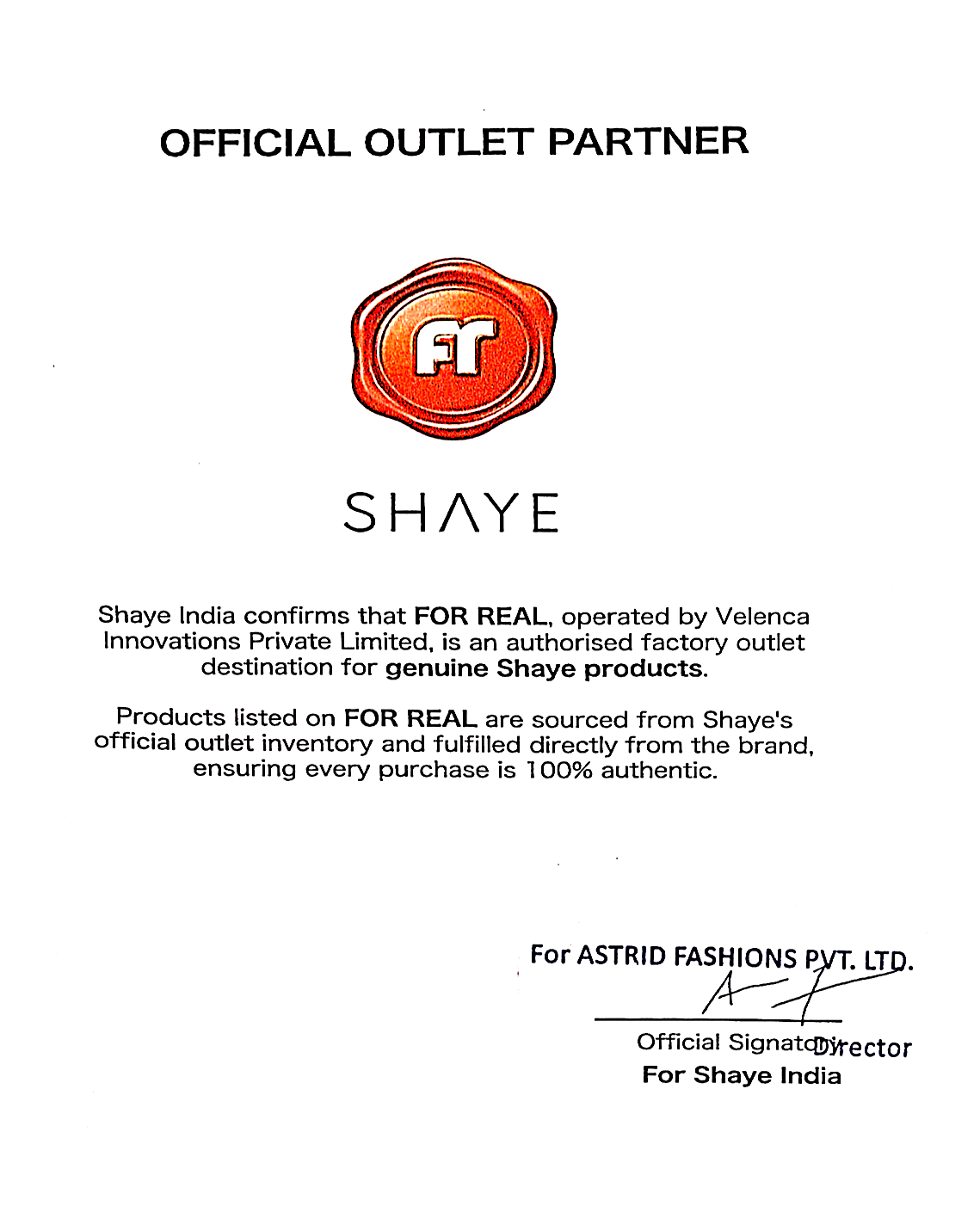Authenticity Certificate for SHAYE