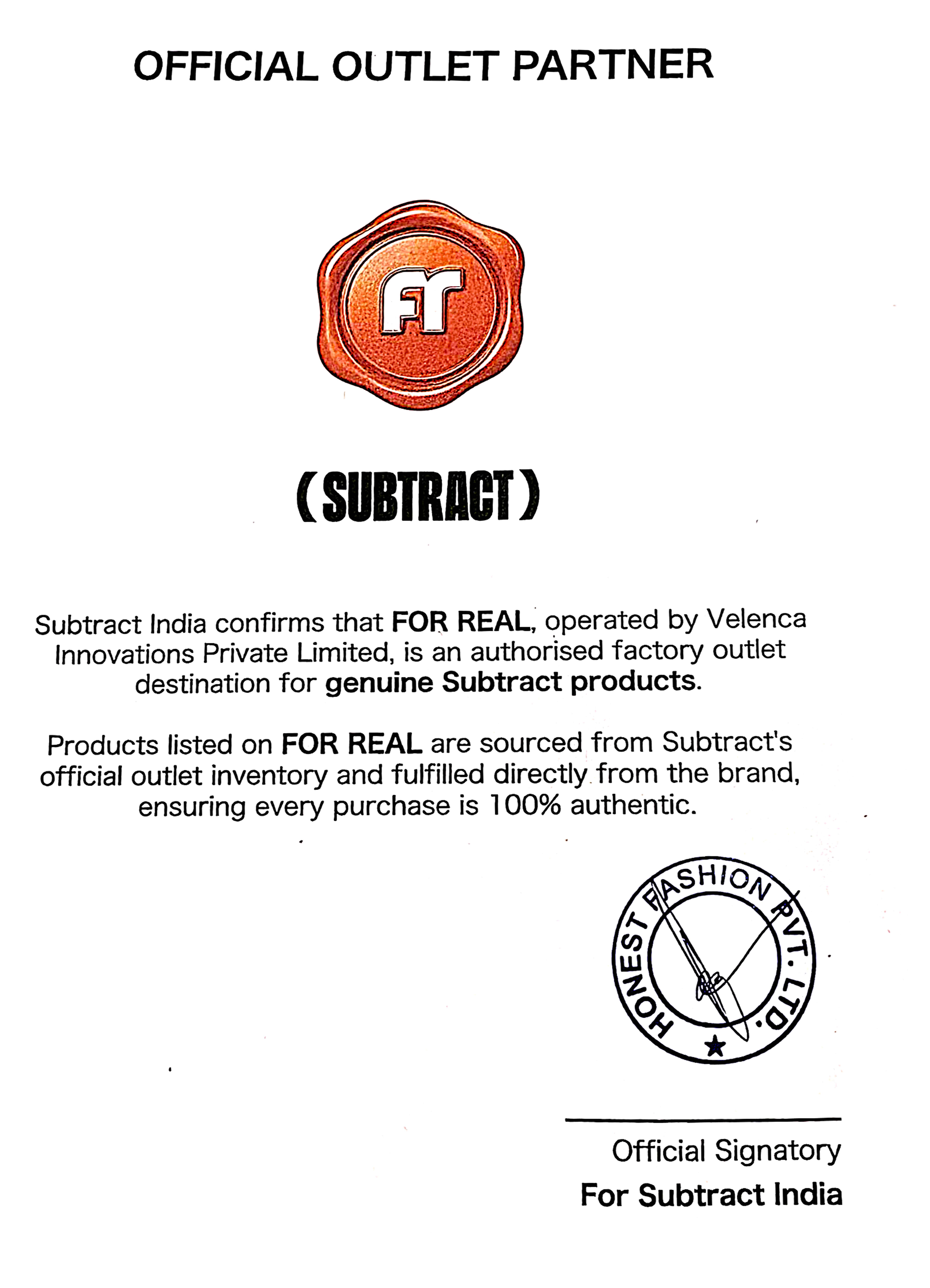Authenticity Certificate for SUBTRACT