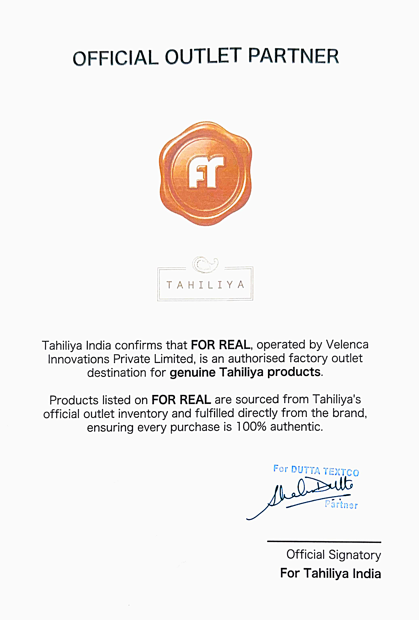 Authenticity Certificate for Tahiliya