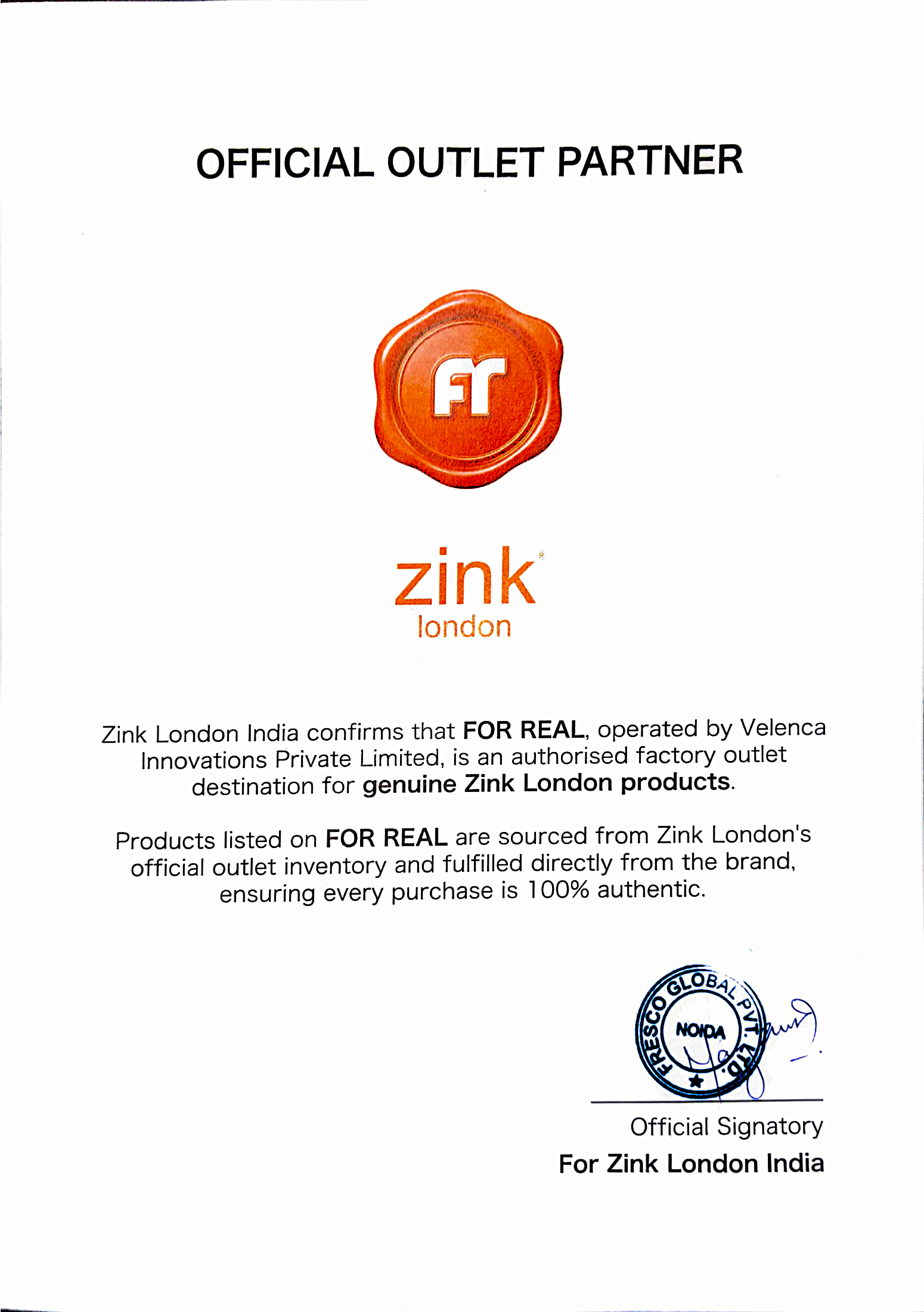 Authenticity Certificate for Zink London